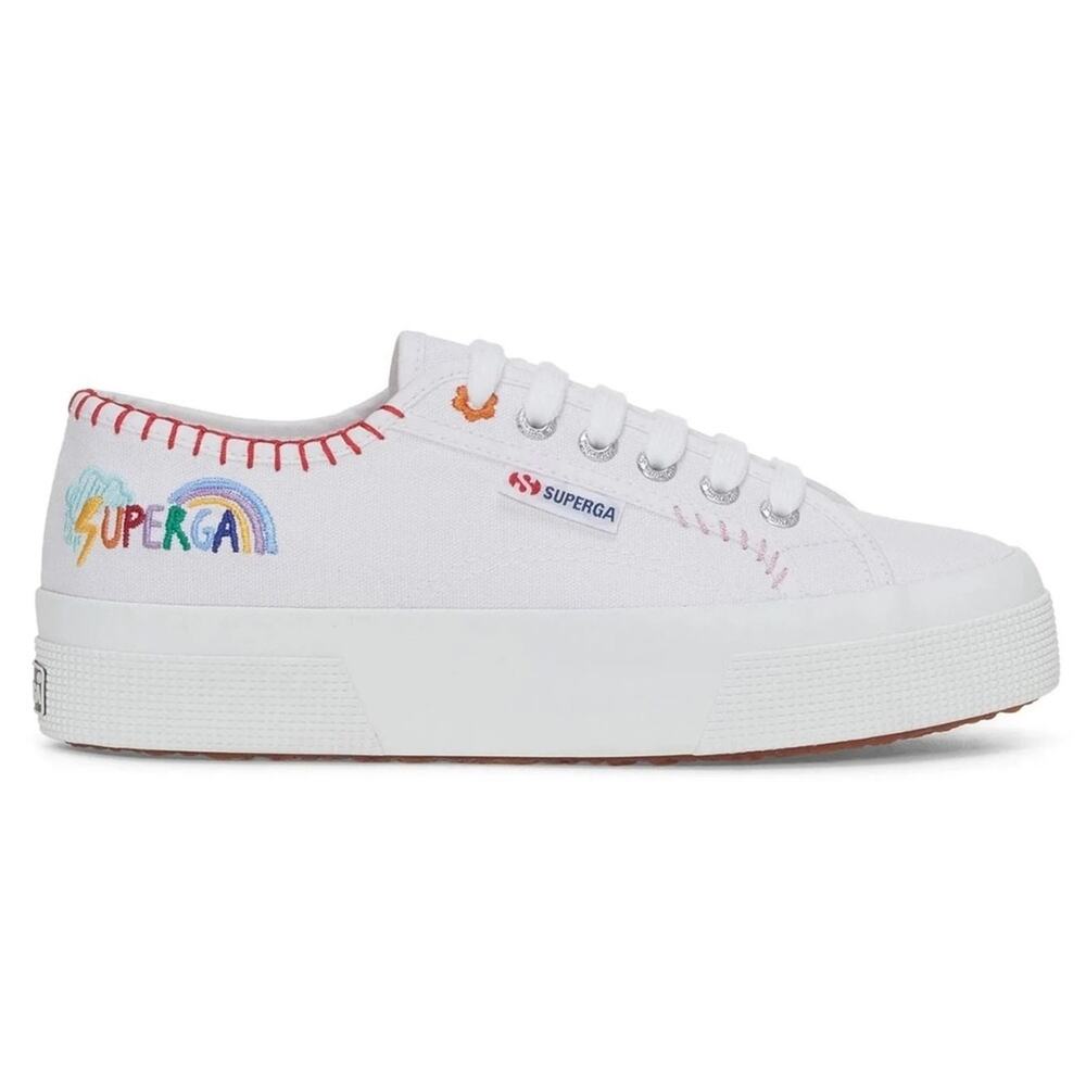 NEW Superga Happy Logo Womens White Sneakers. Colorful Embroidery Canvas Size 8 - Picture 6 of 11